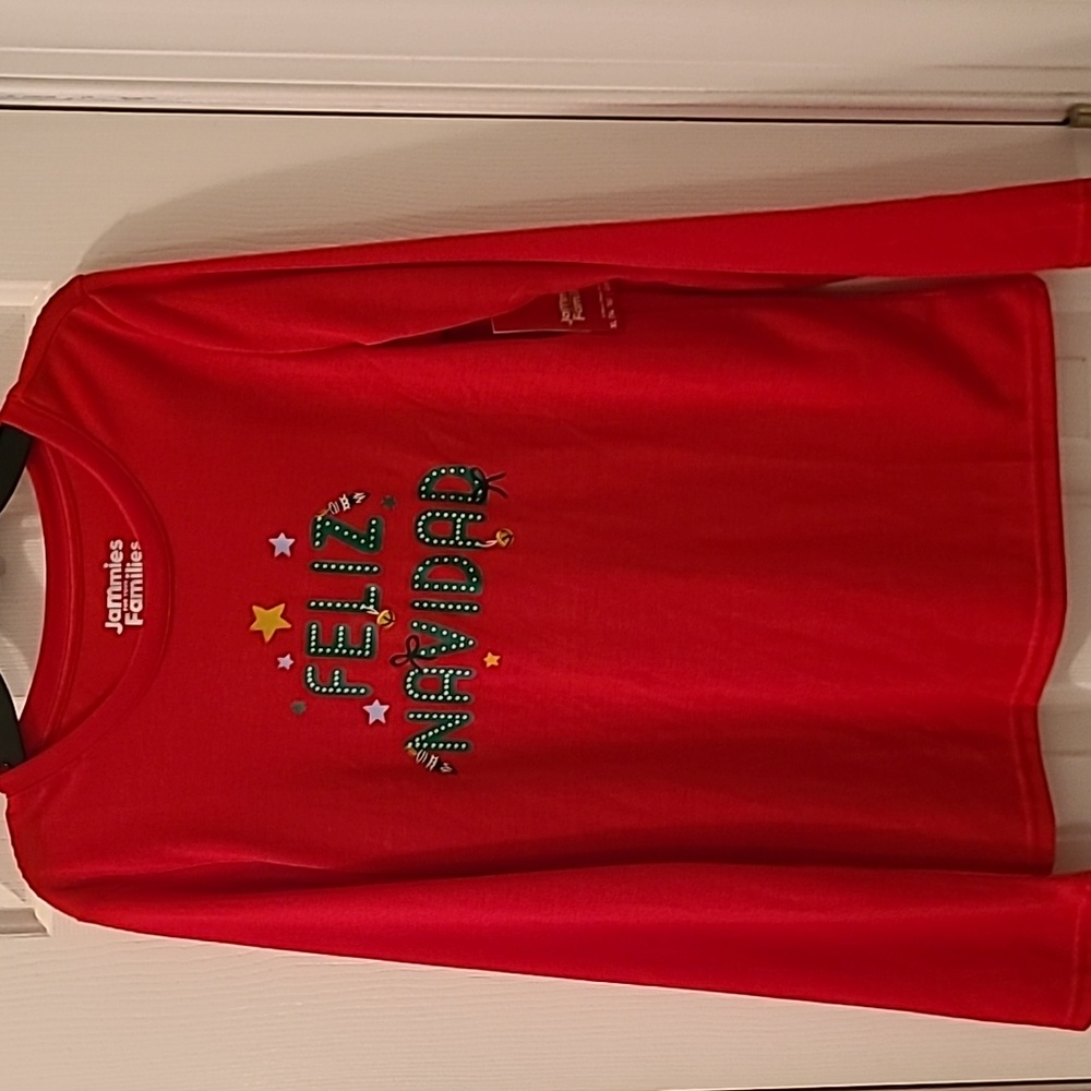 JAMMIES FOR FAMILIES GIRLS RED "FELIZ NAVIDAD" HOLIDAY PAJAMA TOP SIZE XL 14/16